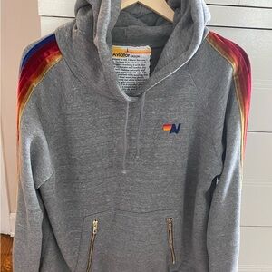 Aviator Nation pullover hoodie - gray with velour stripe sleeves - large
